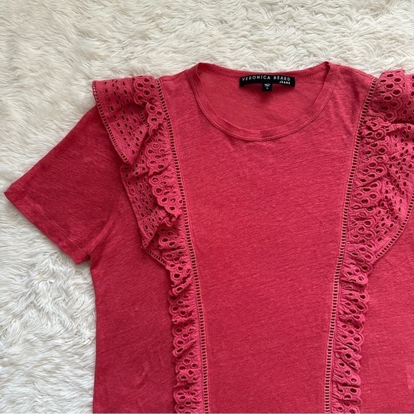 Veronica Beard Top Prema Eyelet Ruffle Crewneck Tee Linen Short Sleeve S - Picture 5 of 11